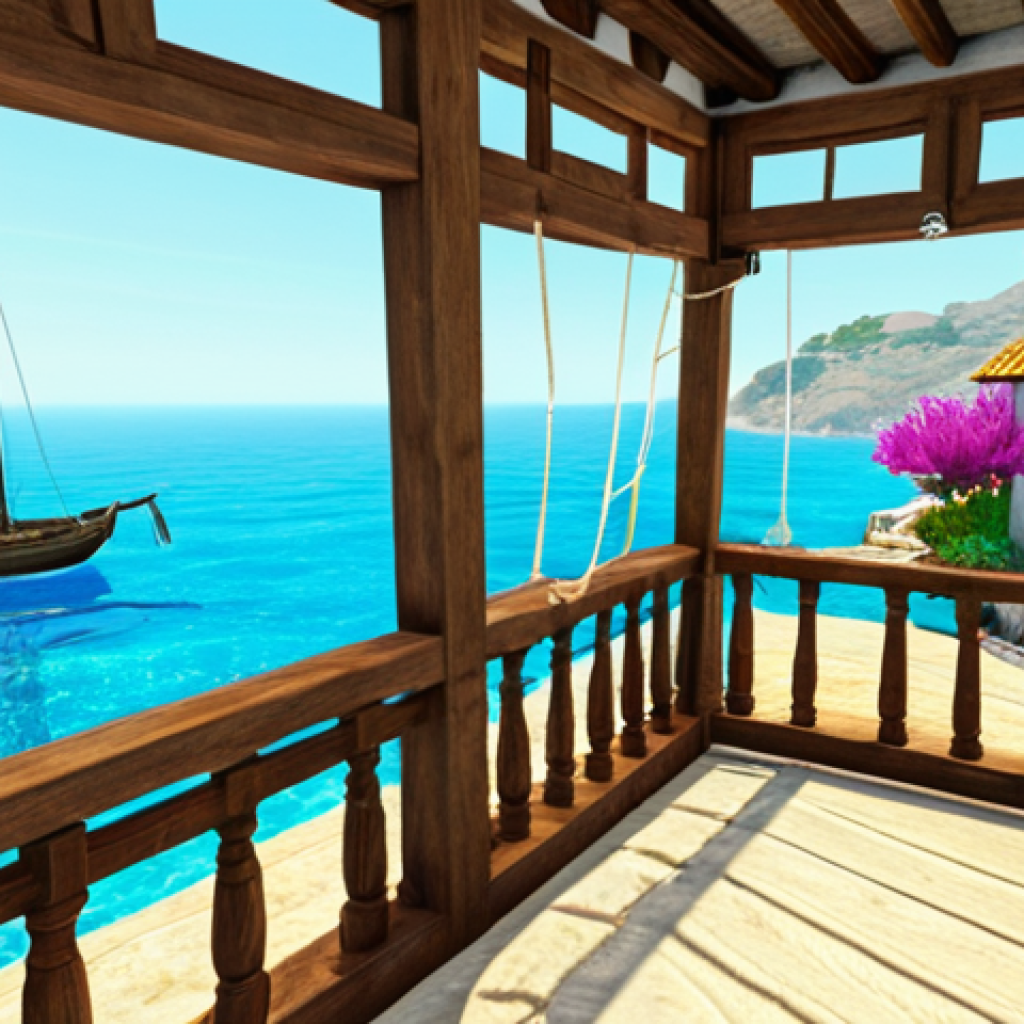 **

A cozy Turkish-style seaside cottage in ArcheAge. The house is small but charming, with a balcony overlooking a tranquil, turquoise sea. Fishing nets are drying on the porch. In the foreground, a small garden with olive trees and colorful Mediterranean flowers adds to the idyllic scene. The overall mood is peaceful and inviting, emphasizing the simple pleasures of seaside living.

**