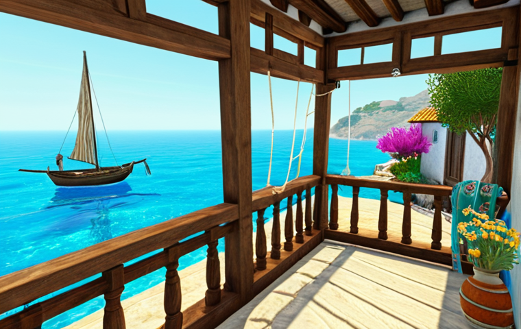 **
A cozy Turkish-style seaside cottage in ArcheAge. The house is small but charming, with a balcony overlooking a tranquil, turquoise sea. Fishing nets are drying on the porch. In the foreground, a small garden with olive trees and colorful Mediterranean flowers adds to the idyllic scene. The overall mood is peaceful and inviting, emphasizing the simple pleasures of seaside living.
**