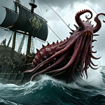 **

A group of ArcheAge players, heavily armored and using various skills, battling the Kraken in a stormy sea. Focus on the epic scale of the fight, with the Kraken's tentacles reaching out to attack ships. Include loot drops visible after the Kraken is defeated.

**