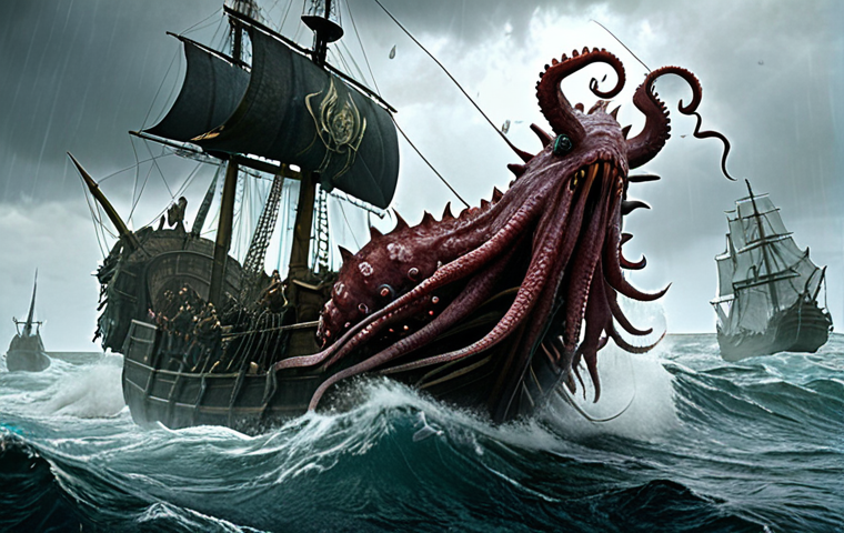 **
A group of ArcheAge players, heavily armored and using various skills, battling the Kraken in a stormy sea. Focus on the epic scale of the fight, with the Kraken's tentacles reaching out to attack ships. Include loot drops visible after the Kraken is defeated.
**