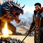 **Diamond Mining:** A determined ArcheAge character, geared in sturdy leather armor, carefully excavating a sparkling diamond vein in the perilous Hasla region, with dangerous monsters lurking in the background.