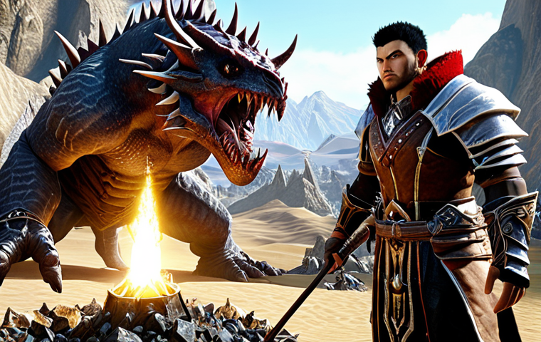 **Diamond Mining:** A determined ArcheAge character, geared in sturdy leather armor, carefully excavating a sparkling diamond vein in the perilous Hasla region, with dangerous monsters lurking in the background.